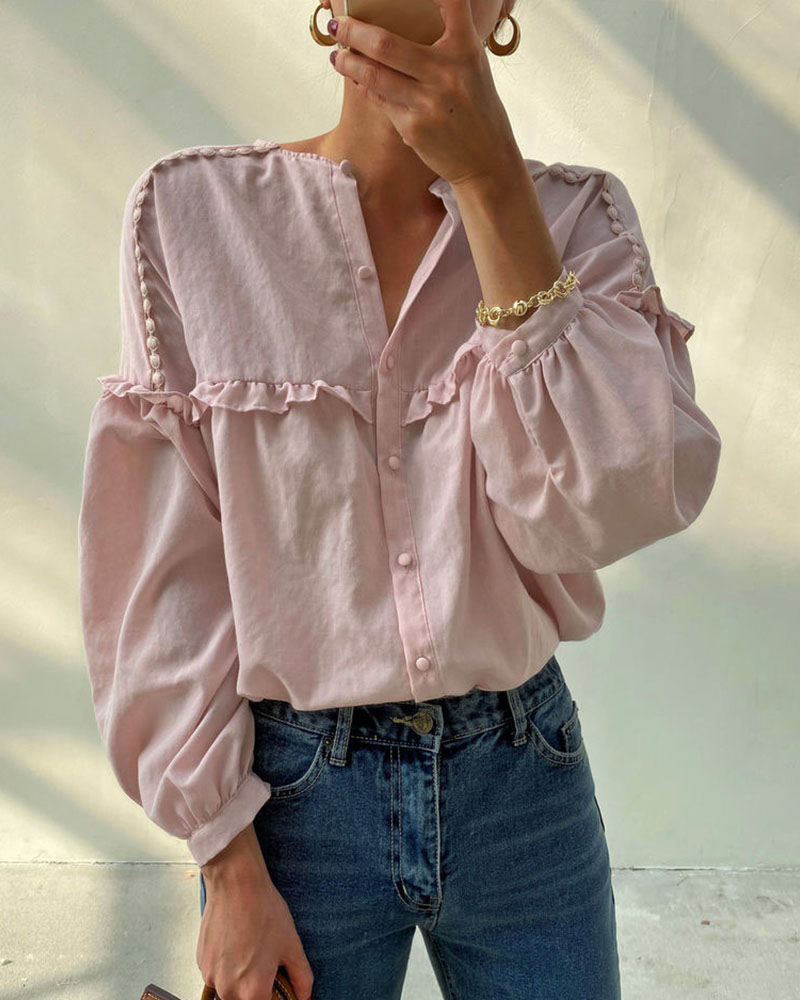 

Frill Hem Buttoned Lantern Sleeve Blouse, Pink