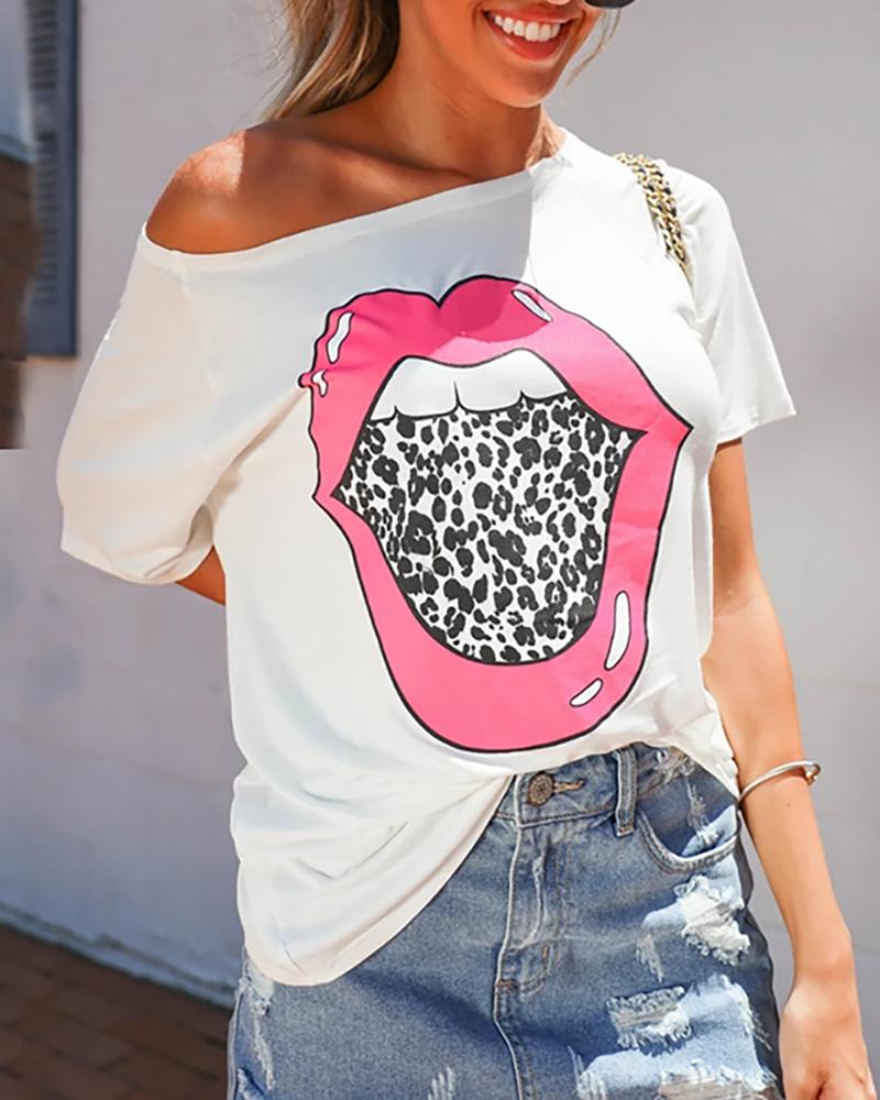

Leopard Lip Print Short Sleeve T-shirt, White