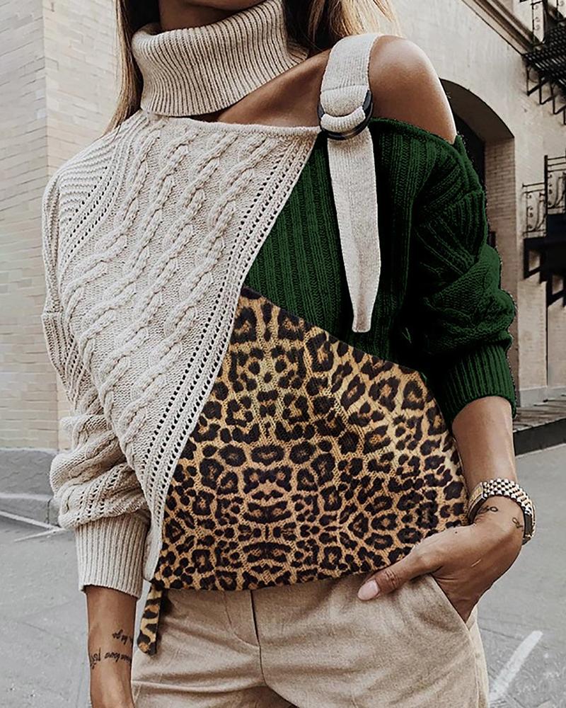 

High Neck Colorblock Leopard Cut Out Knitting Sweater, Green