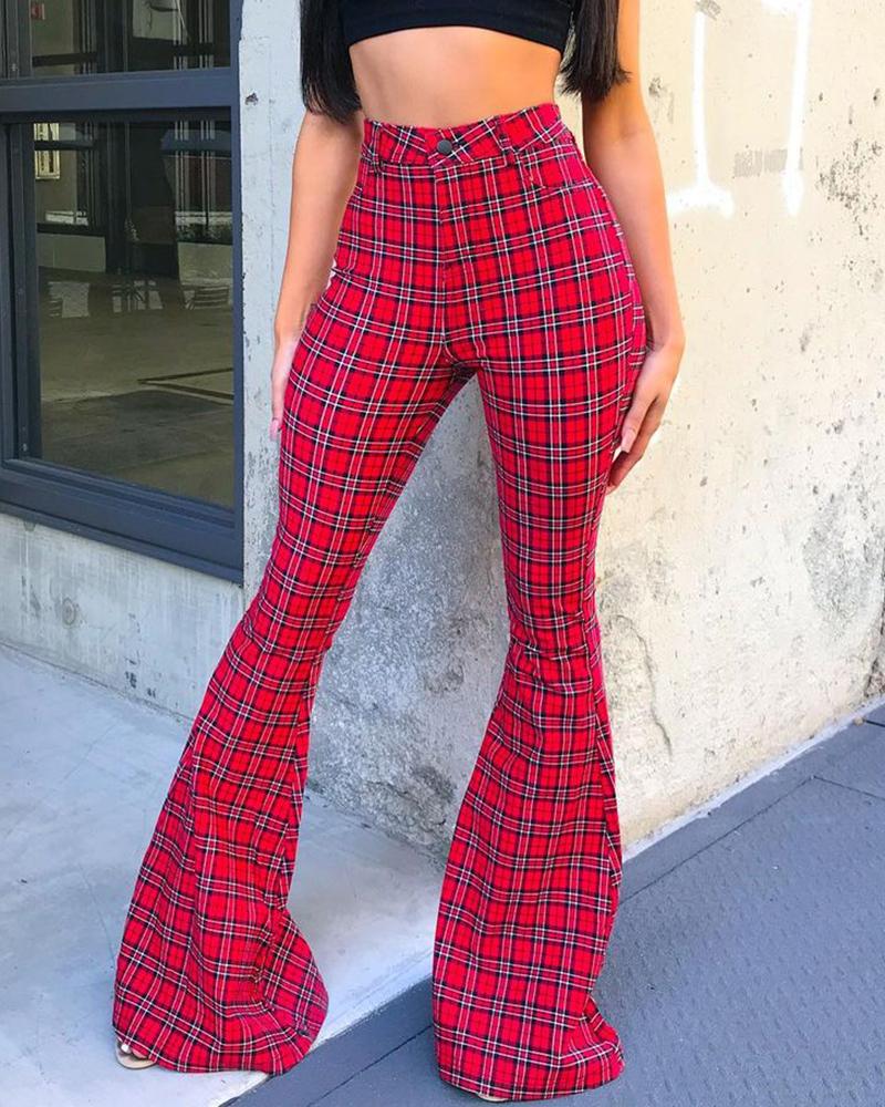 

Plaid High Waist Bootcut Pants, Red