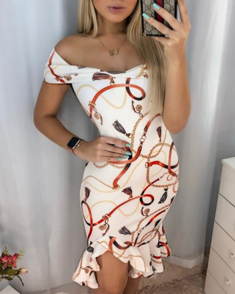

Chain Print Off Shoulder Irregular Ruffles Dress, White