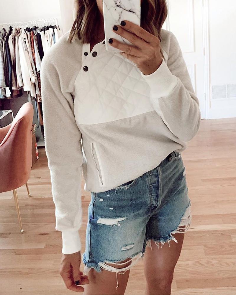 

Oblique Placket Button Design Fluffy Sweatshirt