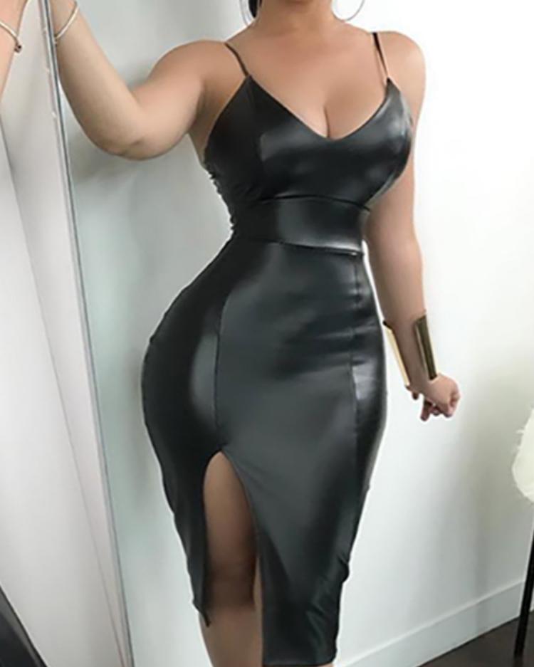 

Sexy PU High Slit Bodycon Slip Dress