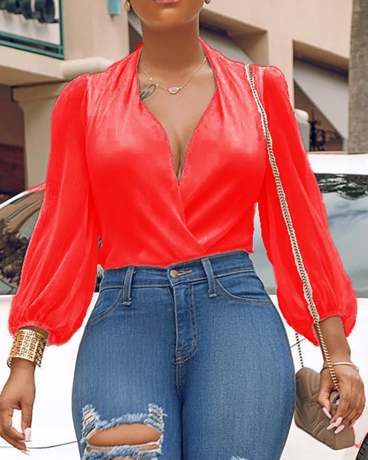 

V-Neck Long Sleeve Ruched Wrap Bodysuit, Red