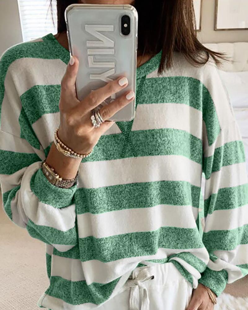 

Round Neck Striped Casual Long Sleeve T-shirt, Green