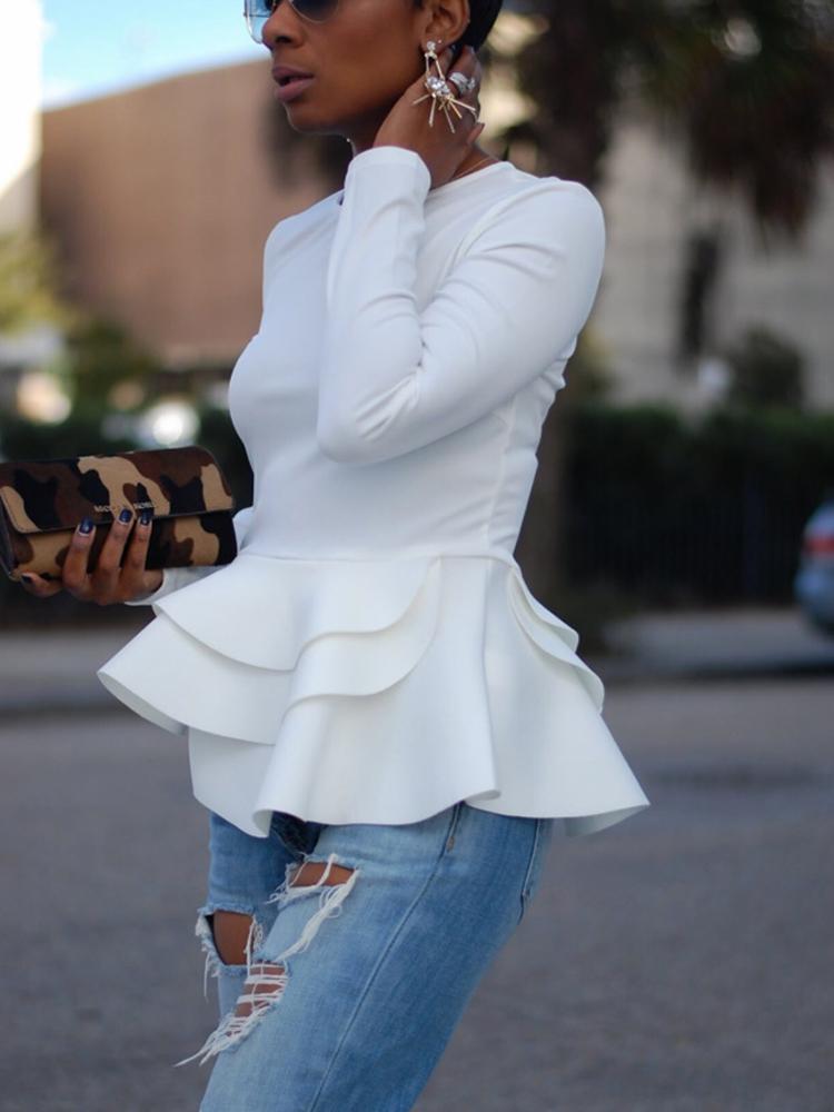 

Solid Long Sleeve Layered Ruffles Blouse, White