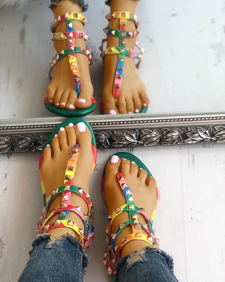 

Rivets Multi Strap Toe Post Flat Sandals