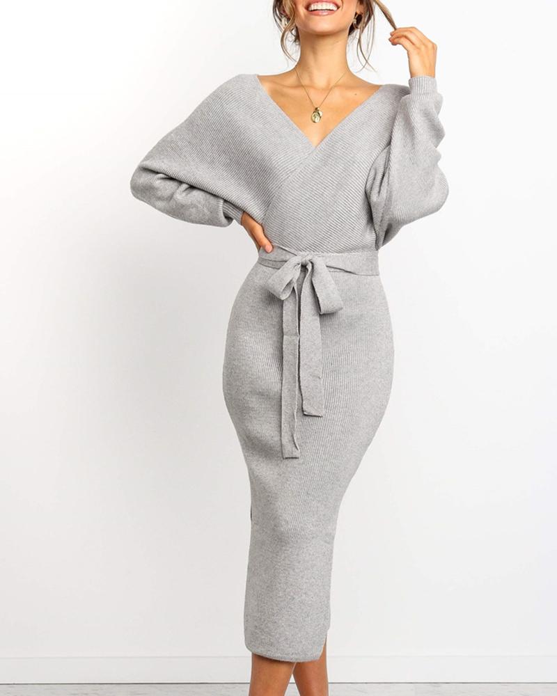 

Ribbed Cut Out Backless Knotted Slit Dress, Gray