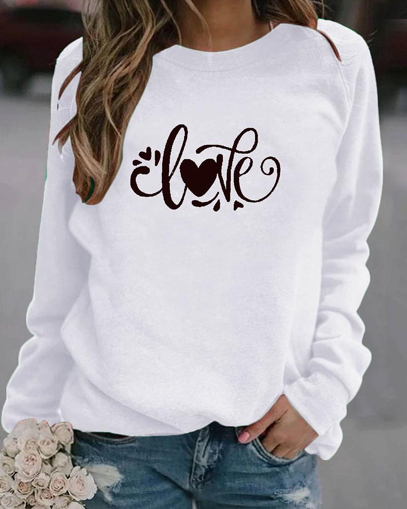 

Heart Print Long Sleeve Round Neck Sweatshirt, White