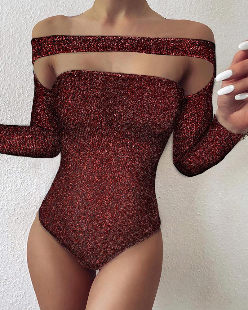 

Off Shoulder Cutout Glitter Bodysuit, Red