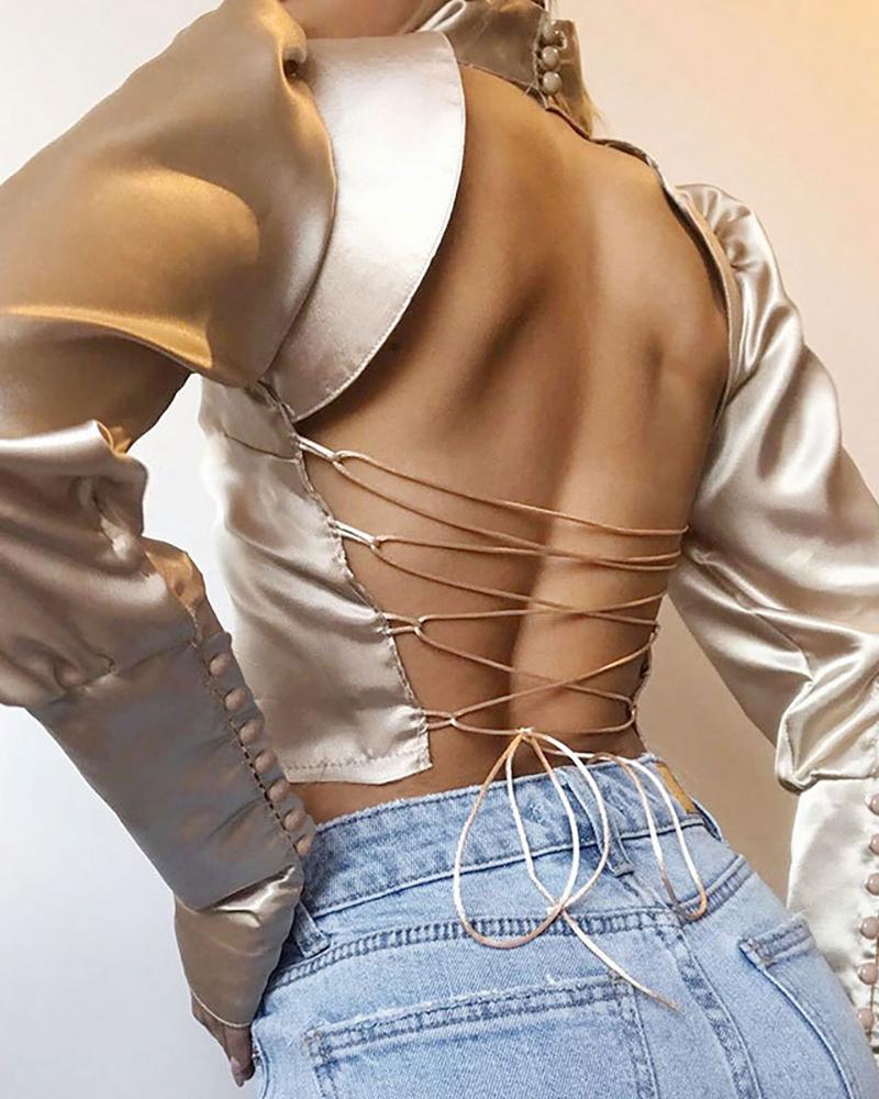 

Mock Neck Backless Lace-up Cut Out Long Sleeve Crop Blouse, Nude