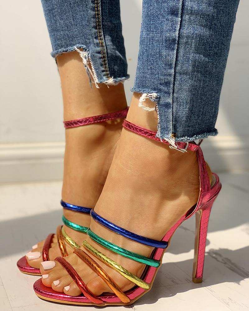 

Colorful Multi-Strap Open Toe Thin Heeled Sandals, Multicolor