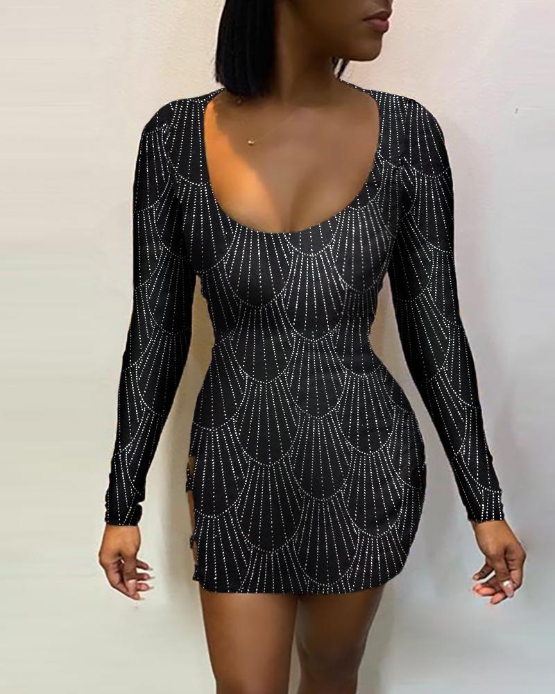 

Glitter Round Neck Backless Crisscross Lace-up Bodycon Dress, Black