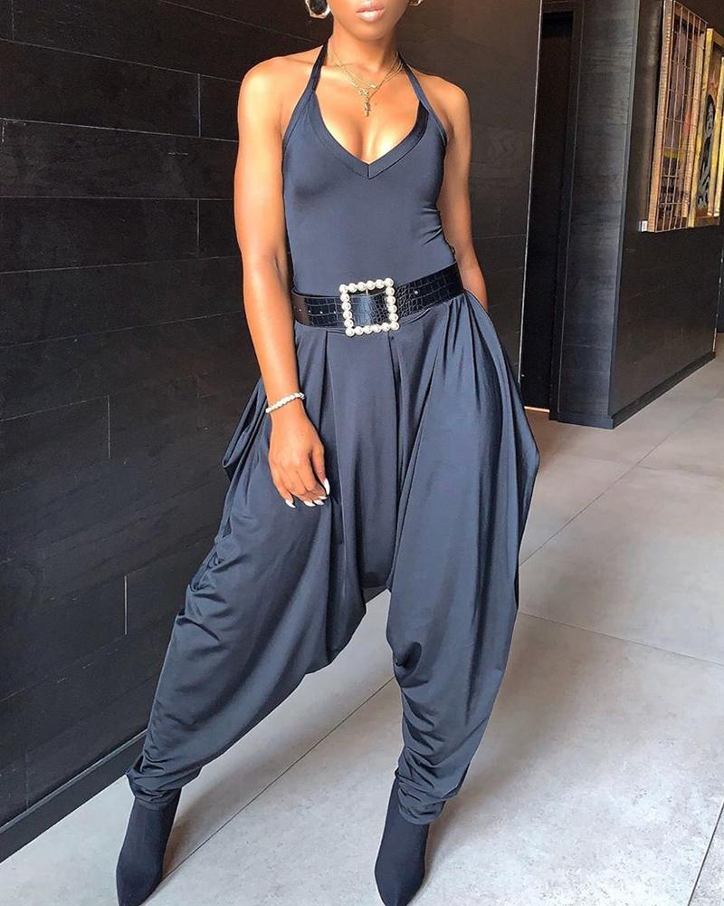

Tied Strap V-Neck Casual Jumpsuit, Blue