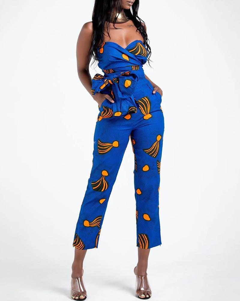 

Dashiki Print Multi Wear-way Tight Waist Jumpsuit, Blue