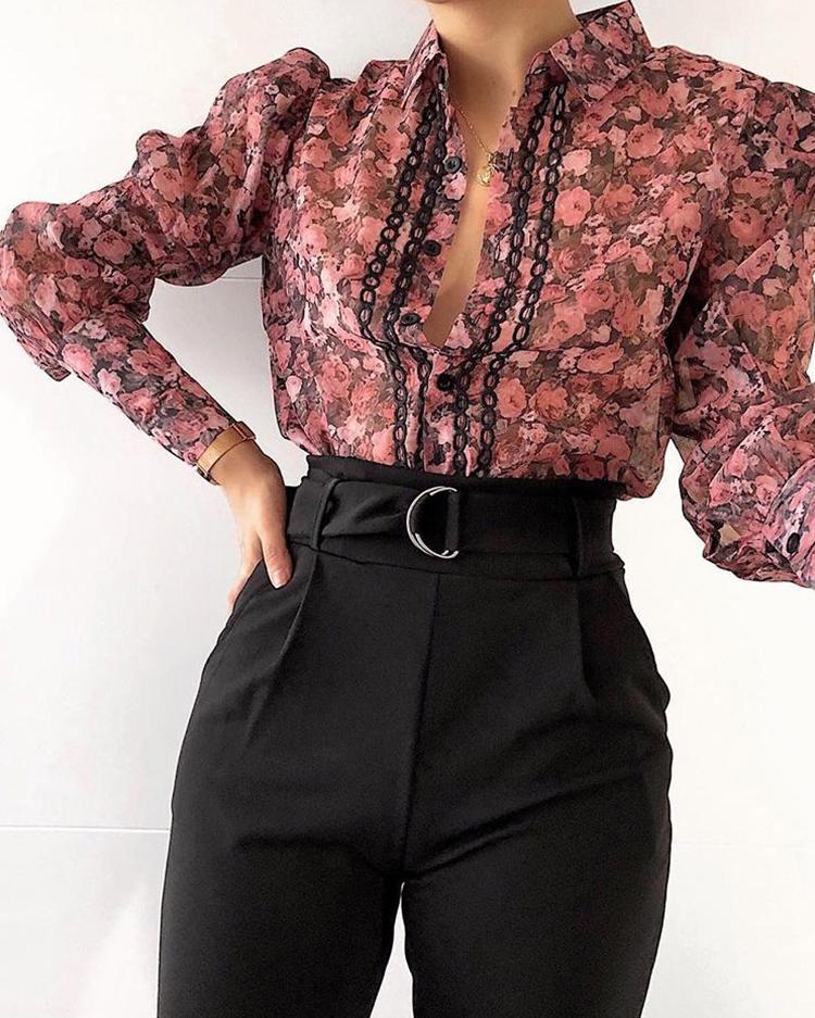 

Floral Print Plunge Puff Sleeve Bodysuit, Red