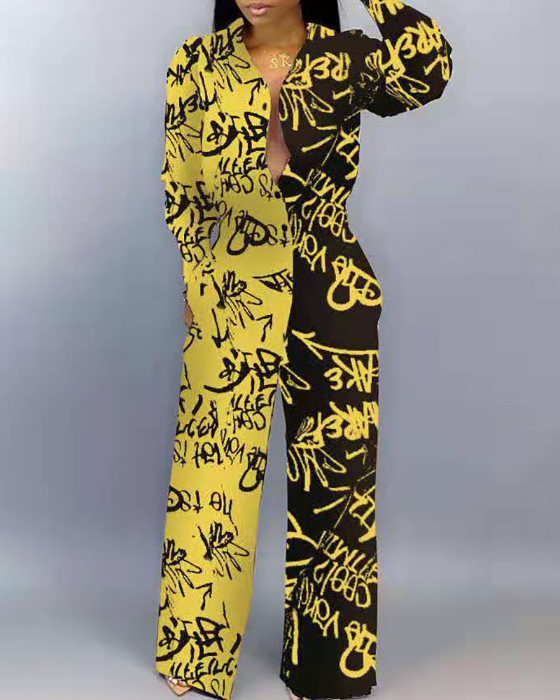 

Colorblock Insert Graffiti Print Wide Leg Jumpsuit, Yellow