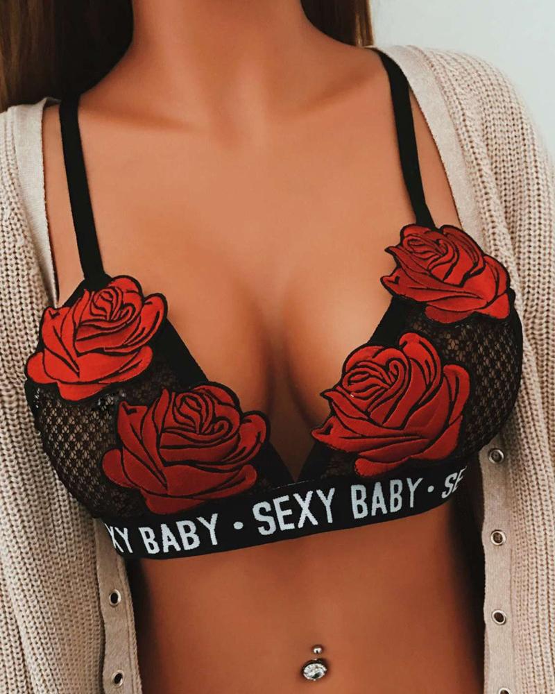

Floral Embroidery Letter Print Lace Bra, Red