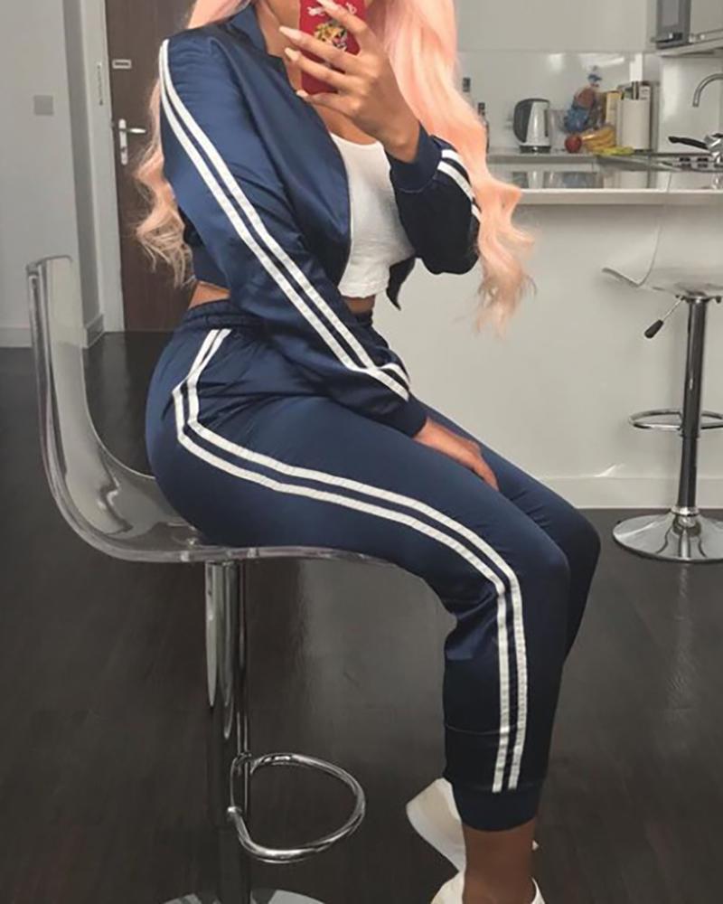 

Stand Collar Colorblock Striped Zipper Design Crop Jacket & Pants Sets, Dark blue