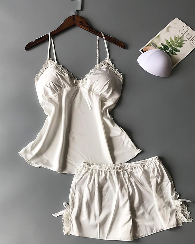 

V-neck Lace Trim Cami Set, White