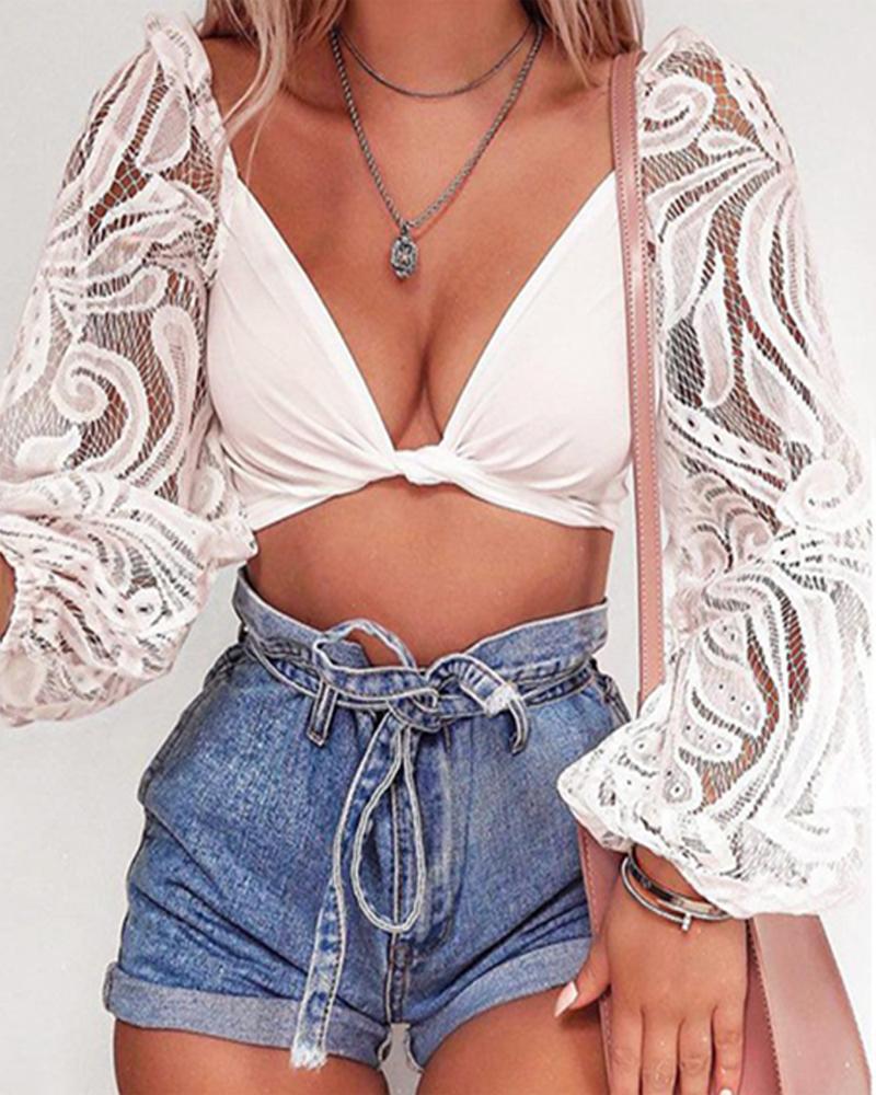 

V Neck Lace Bell Sleeve Front Knot Tops