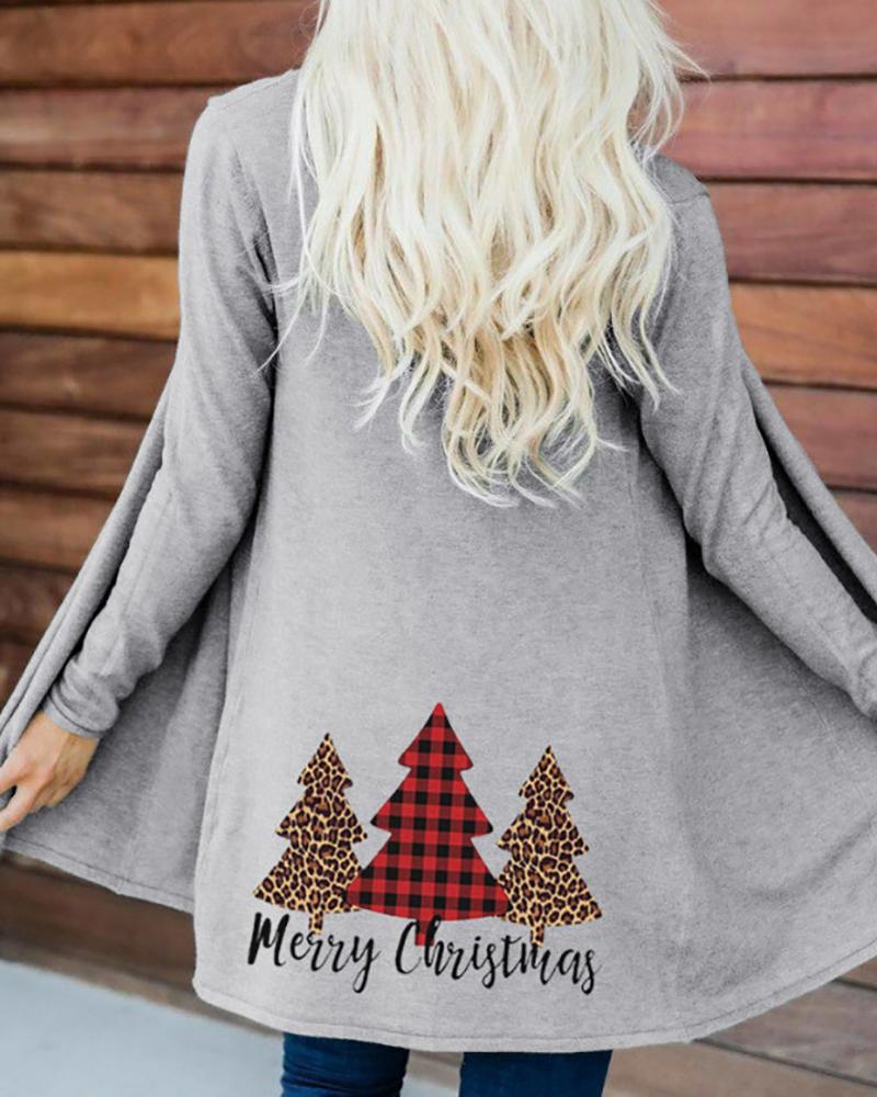 

Christmas Tree Print Long Sleeve Casual Cardigan, Gray