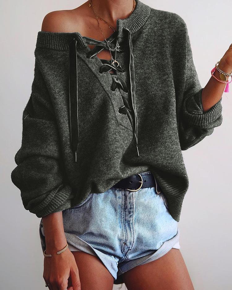 

Solid Eyelet Lace-Up Elastic Hem Sweater, Dark green