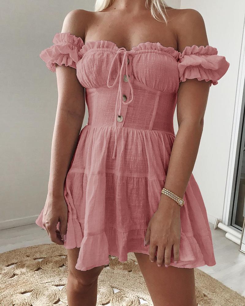 

Ruched Frill Hem Off Shoulder Dress, Pink