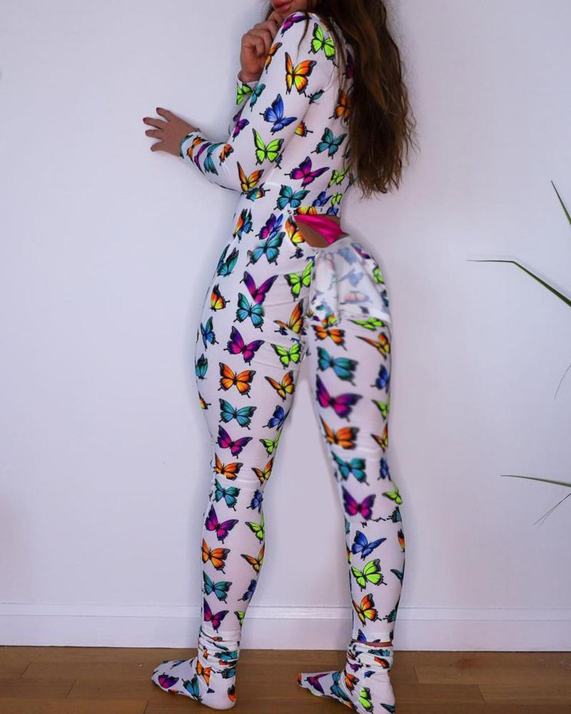 

Butterfly Functional Buttoned Flap Adults Pajamas, White