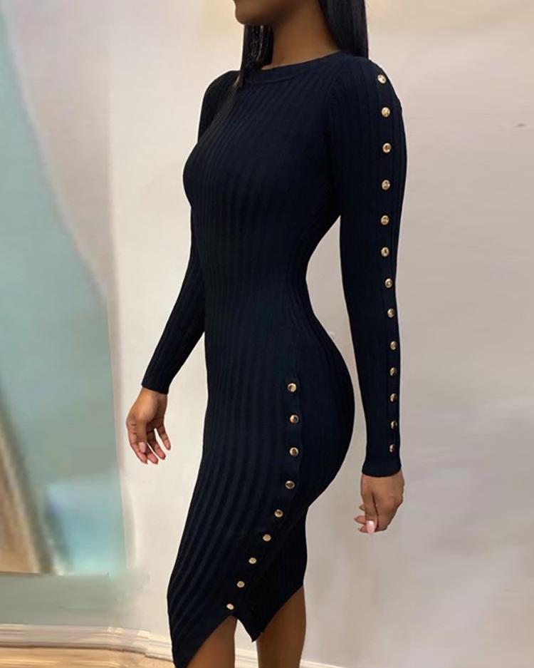 

Button Slit Side Long Sleeve Dress, Black