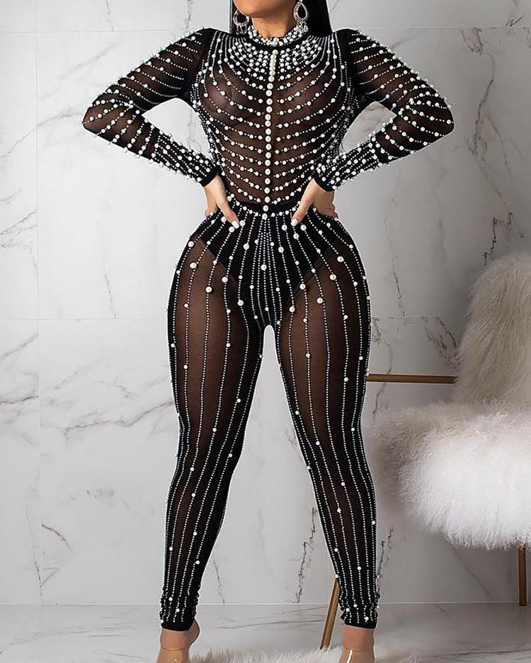 

Hot Drilling & Beading Embellished Sheer Jumpsuit, Black