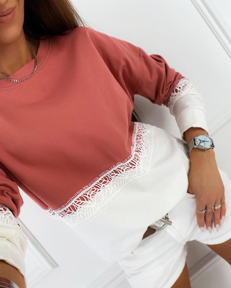 

Colorblock Long Sleeve Lace Sweatshirt, Dark red