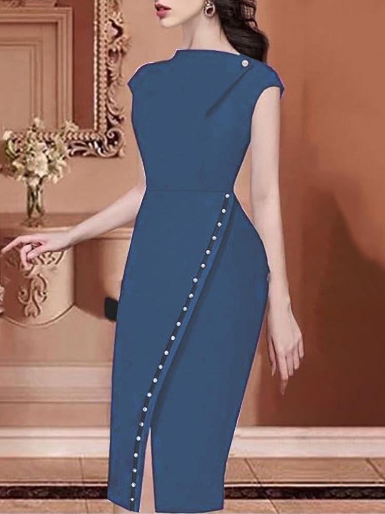 

Beading Embellished Slit Irregular Midi Dress, Blue