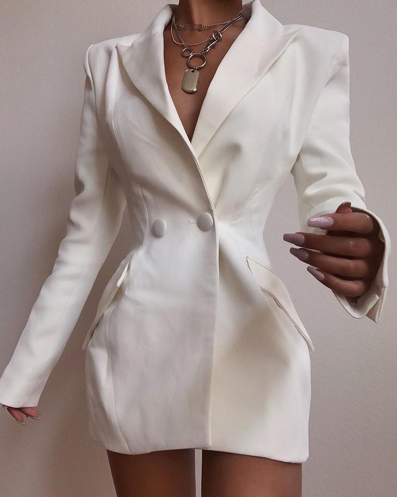 

Solid Long Sleeve Buttoned Design Blazer Dress, White