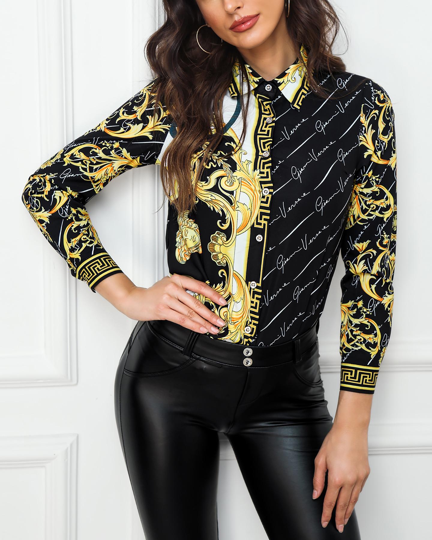

Floral Print Bowknot Neck Shirt, Multicolor