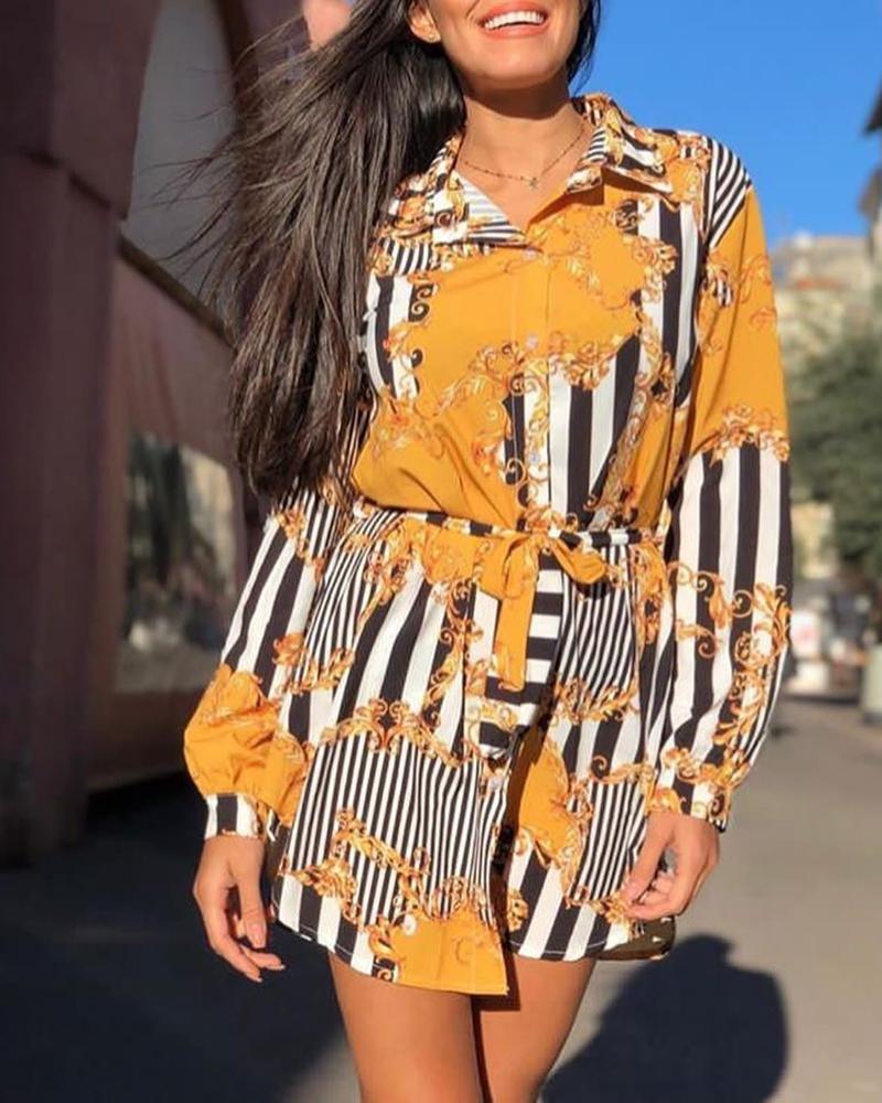 

Retro Striped Print Shirt Dress