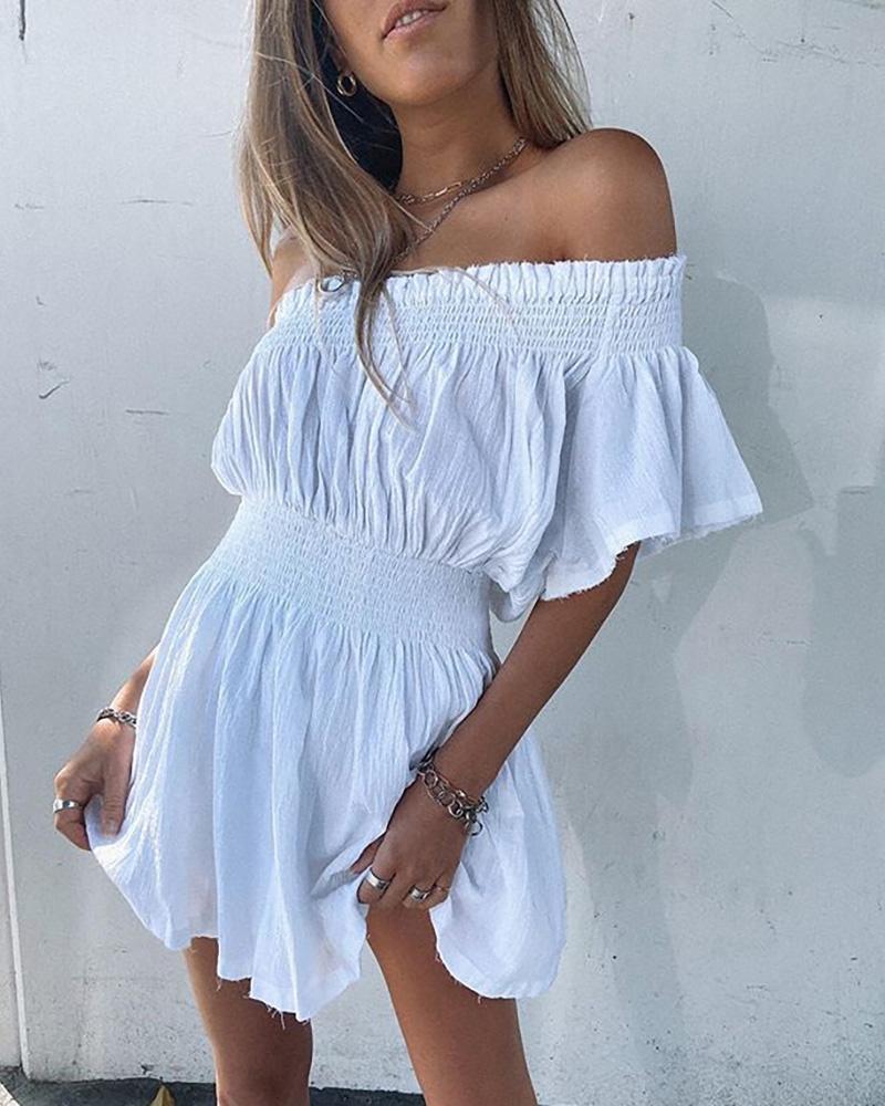 

Off Shoulder Shirred Ruched Casual Dress, White