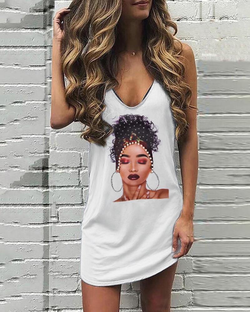 

V Neck Figure Print Dress, White