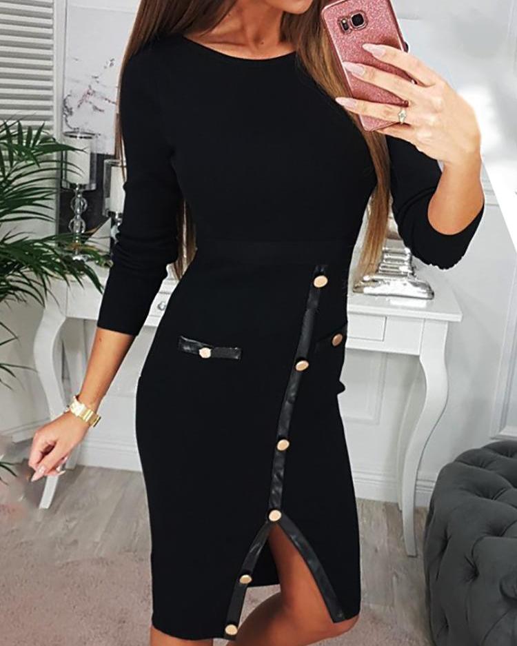 

Single Breasted Long Sleeve Slit Dress, Black