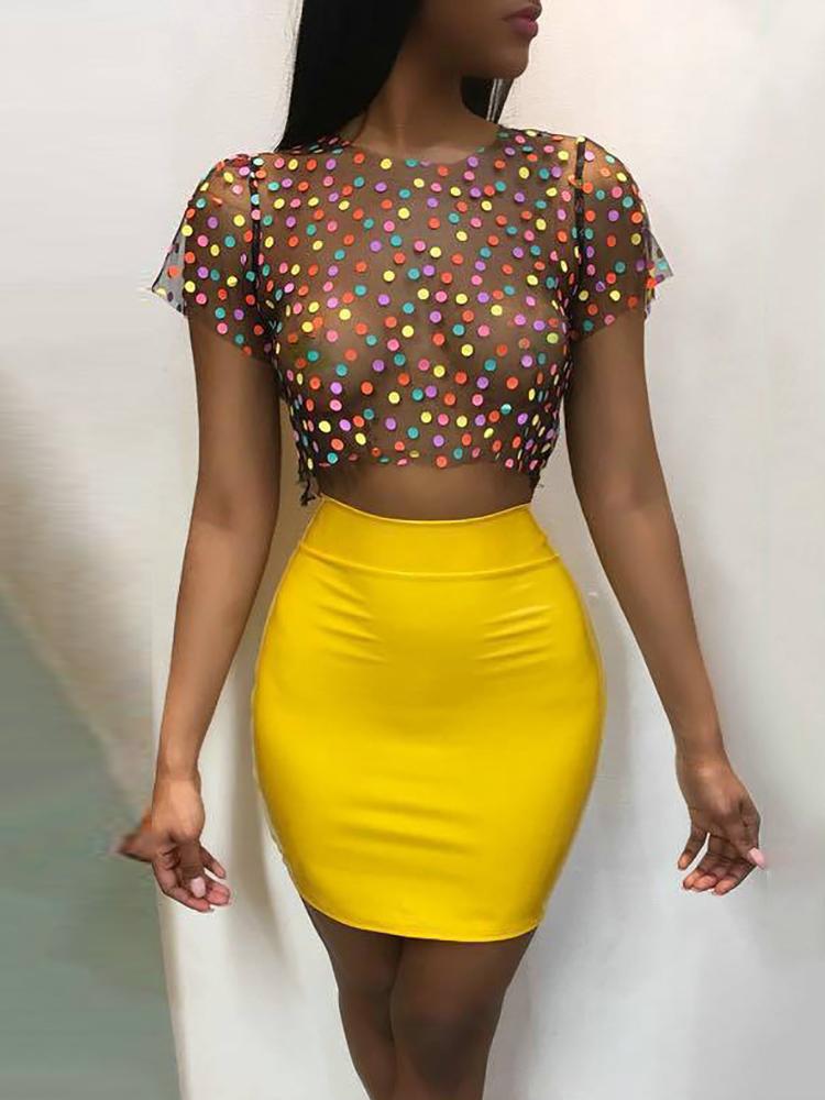 

Dots See Through Mesh Top With Slinky Skirt Sets