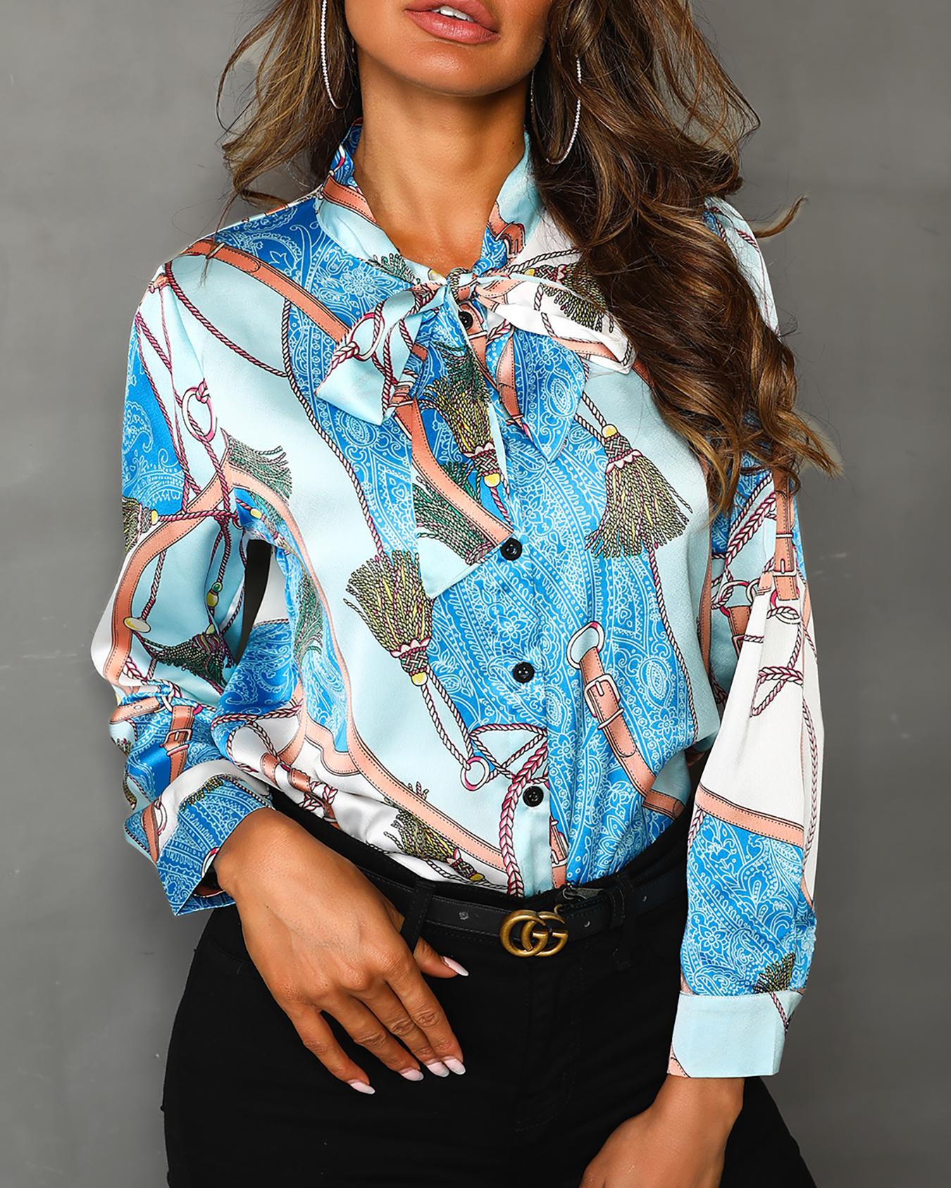 

Scarf Print Tied Neck Casual Shirt