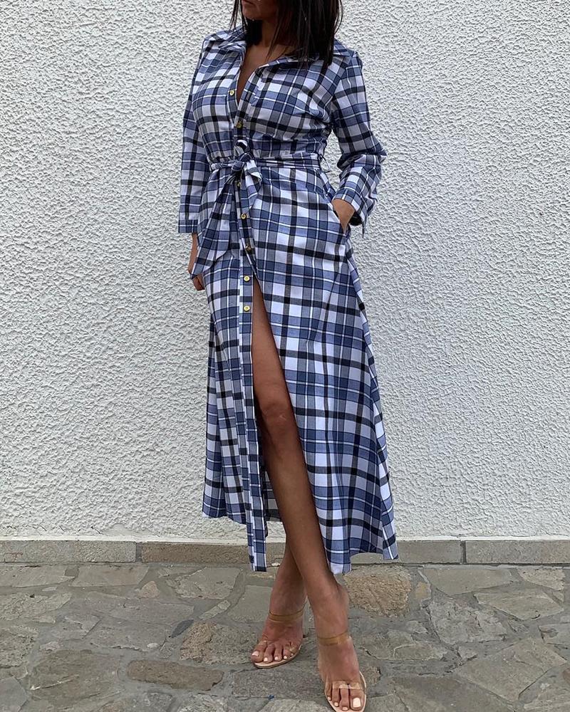 

Grid Long Sleeve Tie Waist Shirt Dress