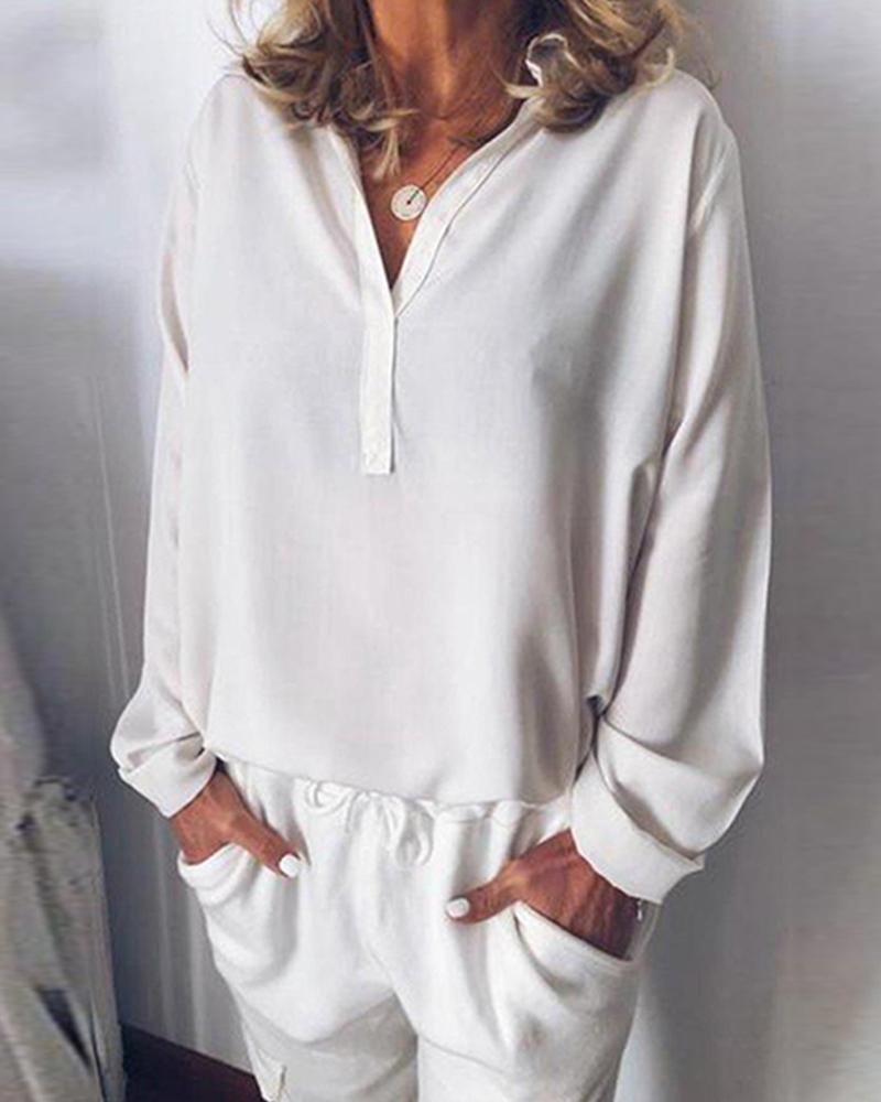 

Solid V Neck Loose Blouse, White