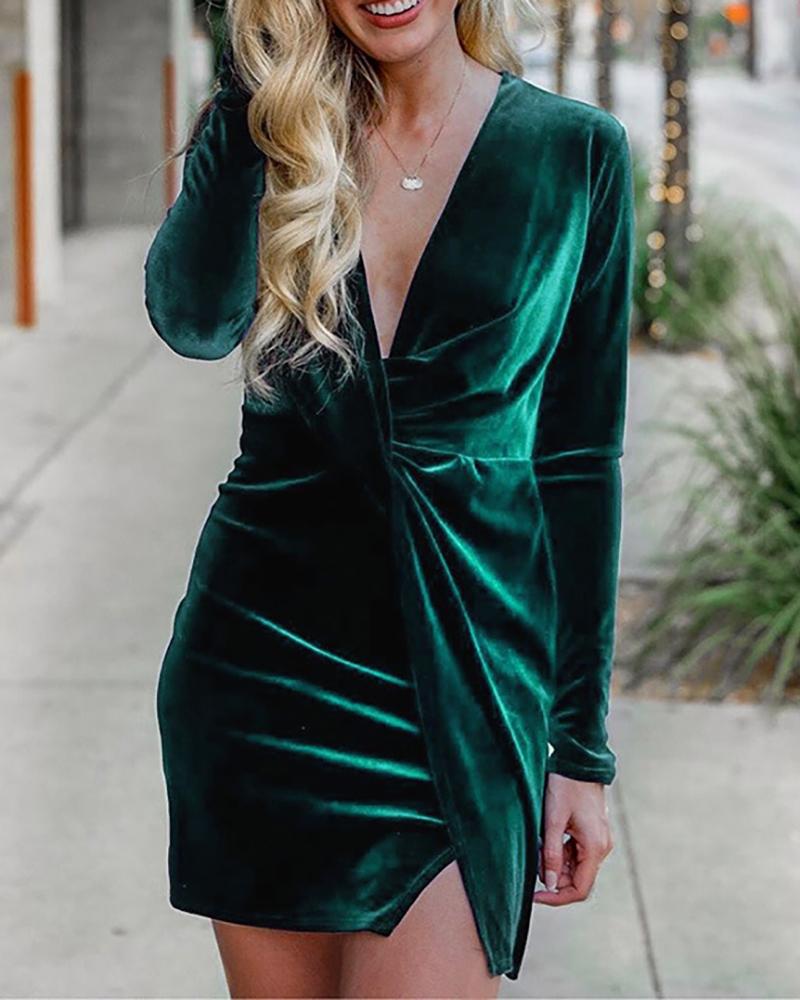 

Plain Knotted Ruched Long Sleeve Dress, Green