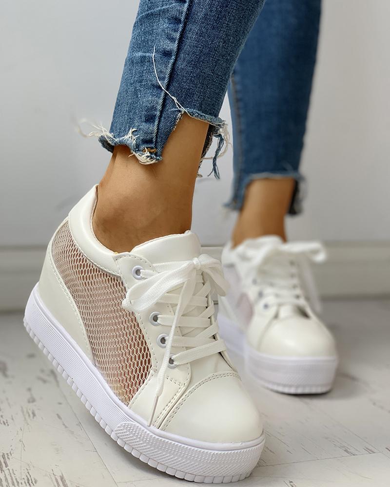 

Fishnet Insert Breathable Lace-Up PU Sneakers, White