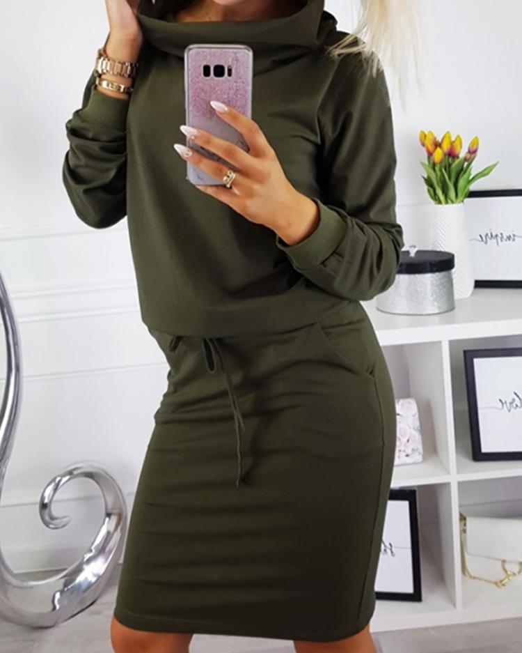 

Cowl Neck Drawstring Sweatshirt Dress, Green