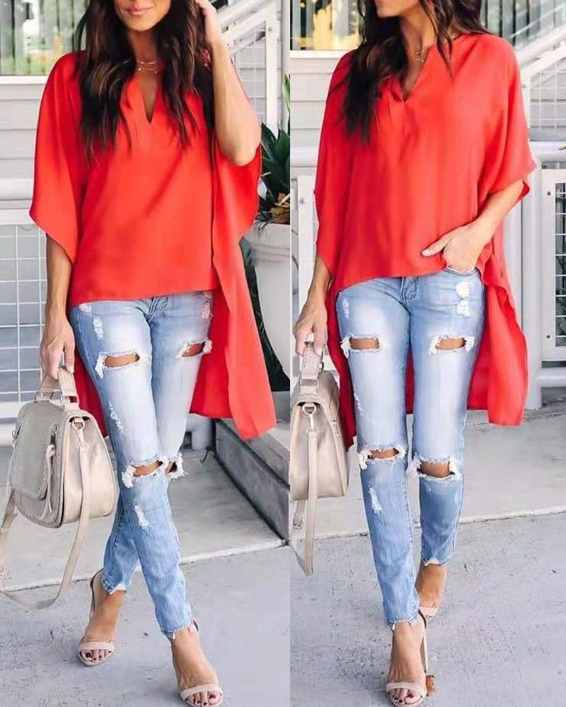 

Short Sleeve V Neck Blouse, Red