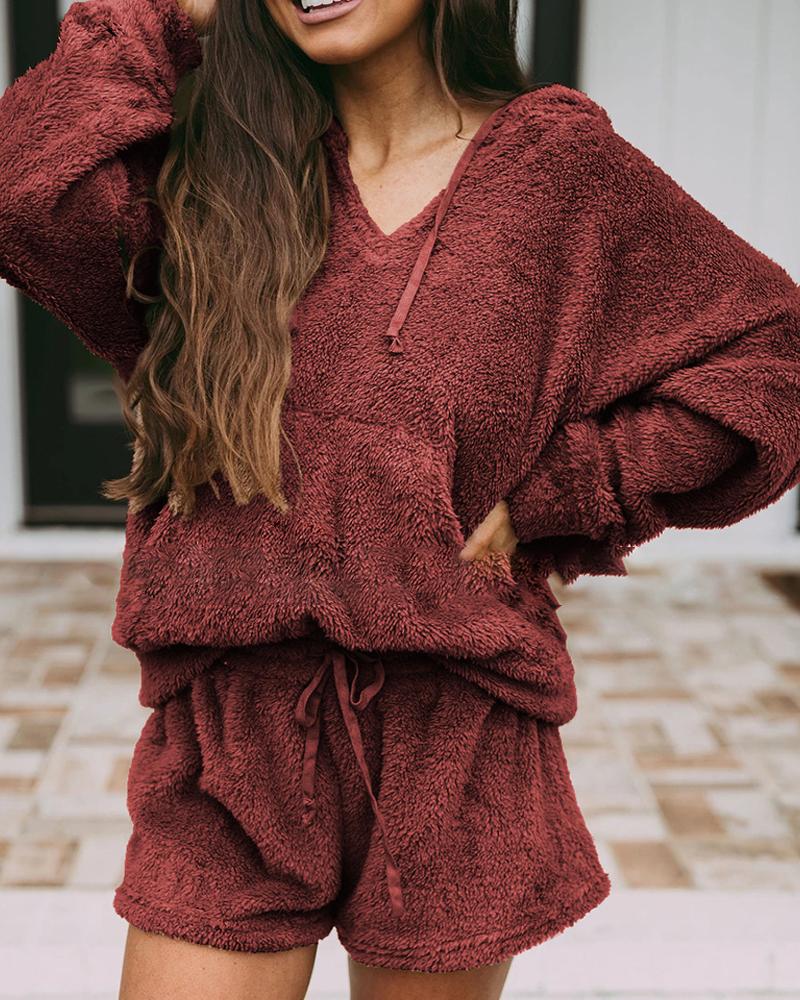 

Plain Long Sleeve Teddy Hooded Top & Drawstring Shorts Set, Wine red