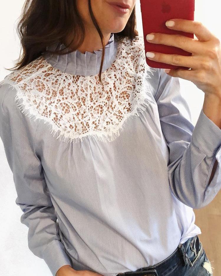 

Pinstripes Frill Neck Eyelash Lace Insert Blouse, Light blue