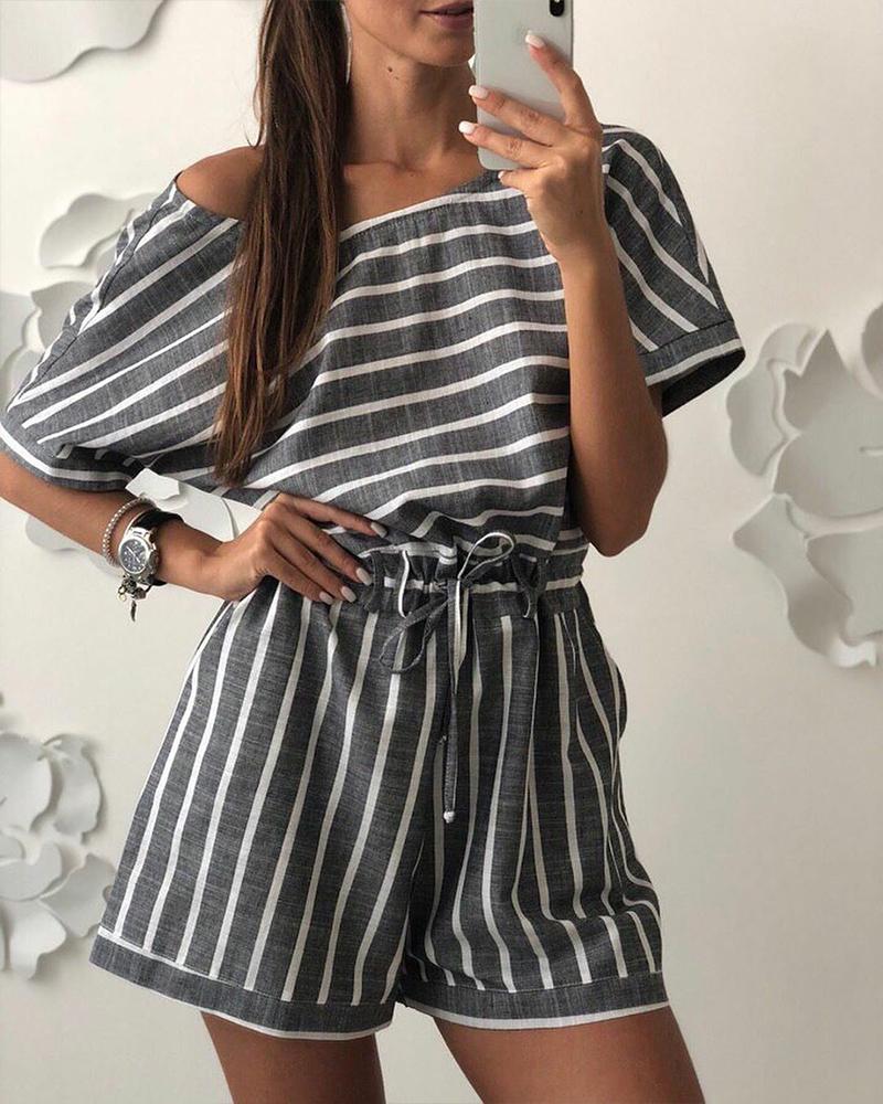 

Striped Open Back Tie Waist Romper, Dark grey